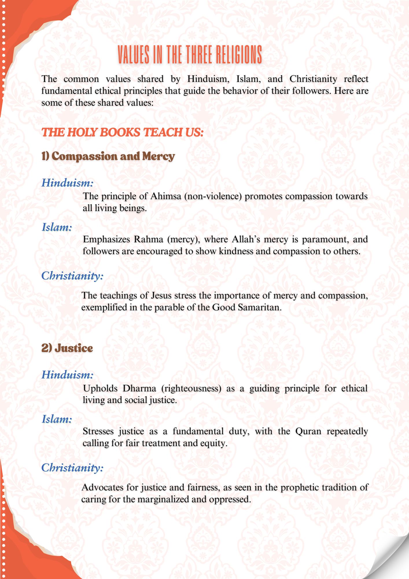 VALUES IN THE THREE RELIGIONS